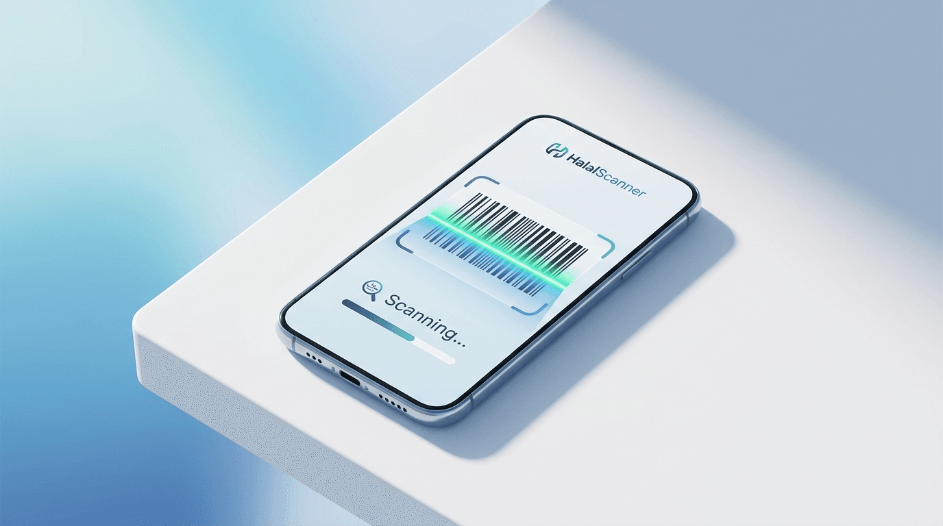 HalalScanner app shown on a phone actively scanning a product barcode.