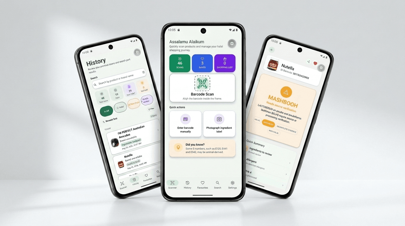 Three phones showing the HalalScanner app's scan history, barcode scanner and cautious ingredient review screens.