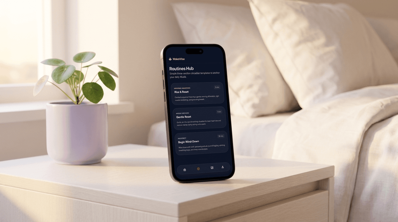 WakeWise app shown on a phone beside a bed, displaying the Routines Hub screen.