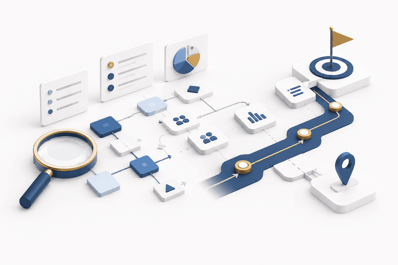 Business analysis and product strategy workflow progressing from discovery to a defined roadmap