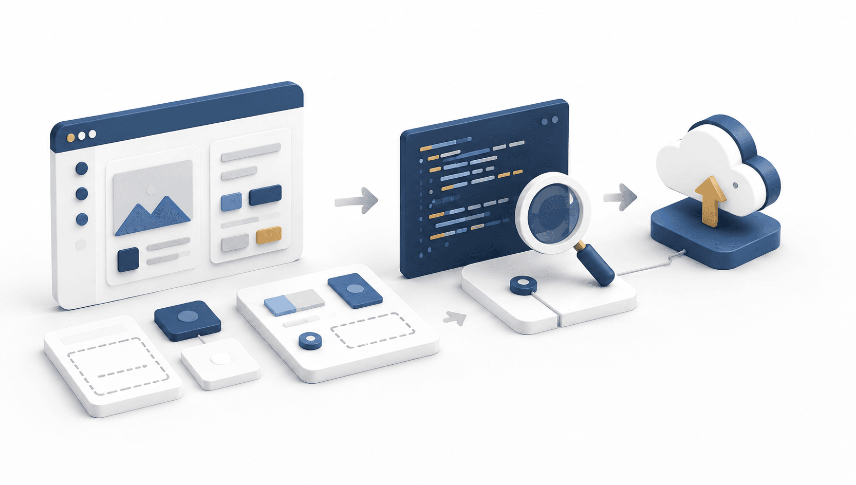 Custom SaaS development progressing from interface design through testing to cloud deployment